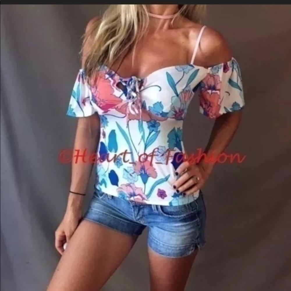 Boho Floral Lace Up Off Shoulder Junior Top Blouse